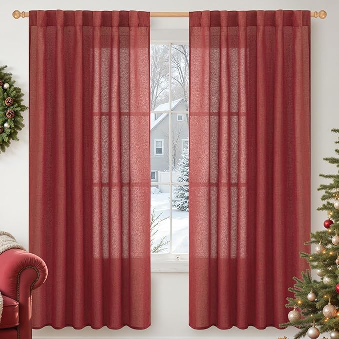YoungsTex Red Linen Curtains for Living Room 72 Inches Long 2 Panels - Christmas Light Filtering Drapes with Back Tab Rod Pocket Privacy Semi Sheer for Bedroom, 52 X 72 Inch