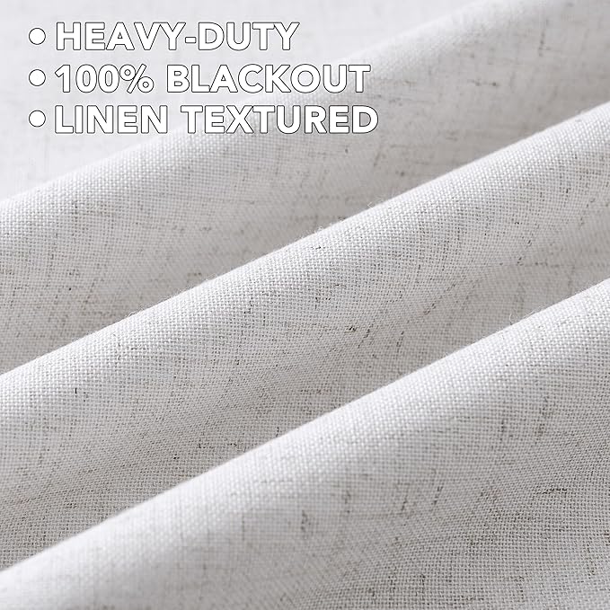 H.VERSAILTEX Linen Curtains 100% Blackout Curtains for Bedroom 96 inch Long Full Light Blocking Nature Linen Blended Window Curtains for Living Room Nickel Grommet (2 Panels, Heathered White)