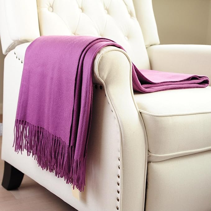 CUDDLE DREAMS Premium Cashmere Throw Blanket with Fringe, Luxuriously Soft (Plum)