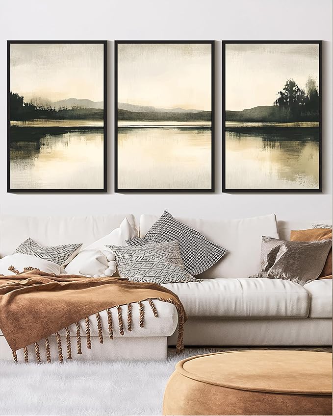 KUVIOKE Watercolor Abstract Mountain Lake Framed Wall Art Brown Landscape Nature Wilderness Painting Nordic Neutral Tan Illustration Decorative Home Decor 16x24in (Black Framed)
