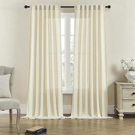 Cream Linen Curtains 63 Inch Length for Bedroom 2 Panels Back Tab Pocket Semi Privacy Drapes Natural Linen Textured Light Filtering Sheer Curtains for Living Room Vintage Farmhouse 50x63