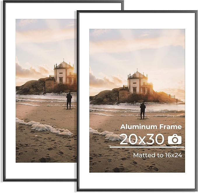 20x30 Aluminum Picture Frame, 20x30 Black Metal Frame with Mat for 16x24 Photo, Wall Mounting or Tabletop Display, Poster Frame Sawtooth Picture Hangers Included for Home Wall Decor, Set of 2