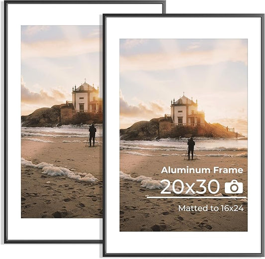 20x30 Aluminum Picture Frame, 20x30 Black Metal Frame with Mat for 16x24 Photo, Wall Mounting or Tabletop Display, Poster Frame Sawtooth Picture Hangers Included for Home Wall Decor, Set of 2