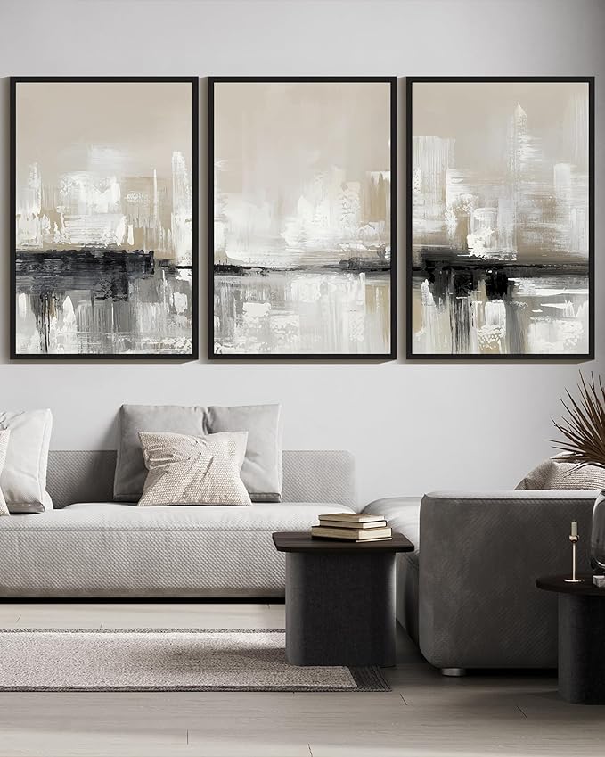 KUVIOKE Abstract Gray Framed Wall Art Neutral Brown Artwork Painting Morden Minimalist Wall Decor Rustic Home Decor 24x36in (Black Framed)