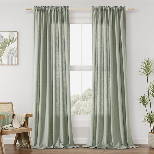 Guken Sage Green Linen Curtains 120 Inch Length for Living Room Bedroom 2 Panels Set Rod Pocket Light Filtering Semi Sheer Window Curtains 52 Inch Width Boho Farmhouse Linen Drapes, W52xL120