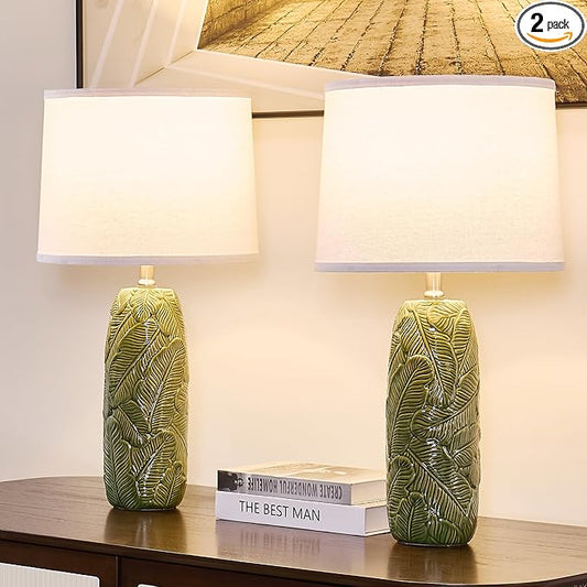 25" Modern Green Ceramic Table Lamp with White Linen Shade – Leaf Embossed Base, Soft Glow Bedside Lamp for Bedroom, Living Room, Office Decor