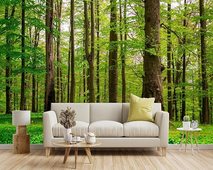-Green Forest Landscapes Woodland Tree Fabric Wallpaper Living Room Bedroom Bathroom Jungle Wall Mural- 160"x108"（ not Peel and Stick）