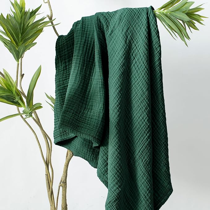 Carriediosa 100% Cotton Muslin Throw Blanket 108" X 90" King Size，4-Layers Summer Gauze Throws for Bed Couch，Soft Lightweight Breathable Linen Blankets Bedspread for Adults All Season，Dark Green