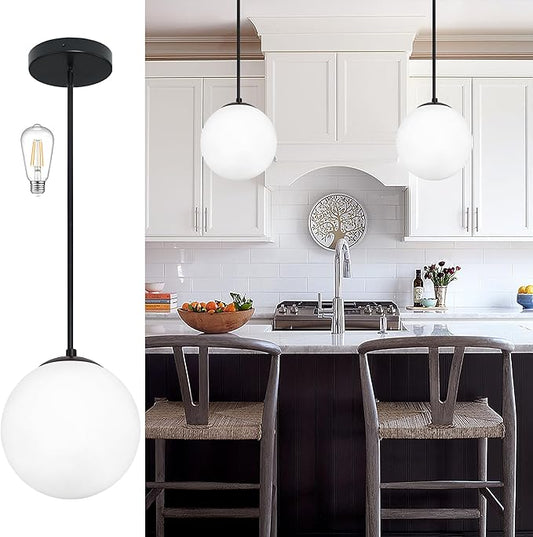 10 Inch Globe Pendant Light Contemporary Globe Pendant Lights Black Mid Century Pendant Light Adjustable Hanging Light Fixture Matte Black Finished with Milk Glass Lampshade for Kitchen Island