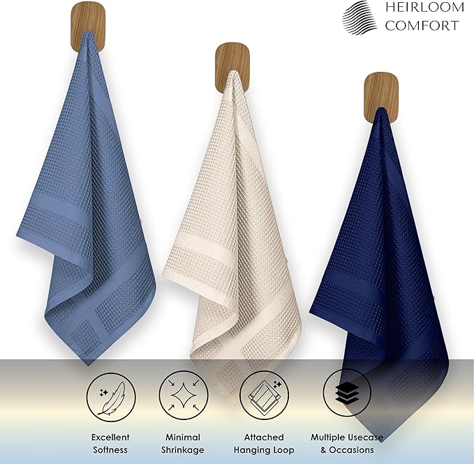 12 Pack Multi Color Waffle Weave Kitchen Towels, 16x26 Inch, 100% Cotton, Super Absorbent, Quick Dry, Hand Towels for Drying Dishes, Cleaning, Durable - Sky Blue, Ivory, Indigo Blue