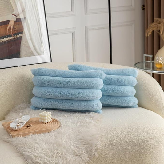 Neelvin Blue Faux Fur Cozy Soft Striped Decorative Throw Pillow Covers 12x20 inch Set of 2,Velvet Pillowcase Cushion Case for Sofa Couch
