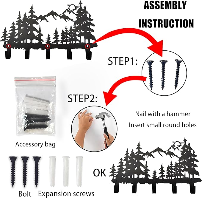 Metal Tree Coat Hooks Wall Art Decor-Tree Hangers and Key Holder-Clothes Rack and Backpack Hanger-Forest Theme Hooks Sweet Home Decor for Storage, Living Room, Hallway, Office (Black)