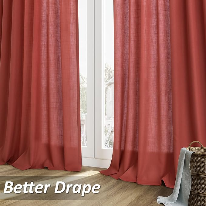 Guken Red Linen Curtains 84 Inch Length for Living Room Bedroom 2 Panels Set Rod Pocket Light Filtering Semi Sheer Window Curtains 52 Inch Width Boho Farmhouse Linen Drapes, W52xL84