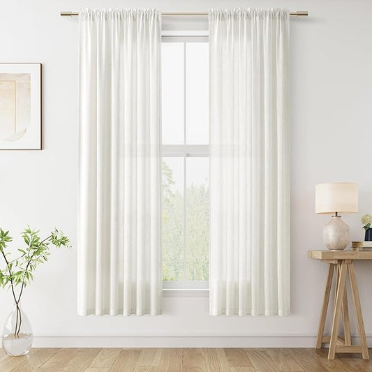 Guken Linen Curtains 72 Inches Long 2 Panel Set Rod Pocket Semi Sheer Dining Room Cozy Bedroom Decor Cotton Look Country Rustic Farmhouse Boho Curtains Beige White, 52x72