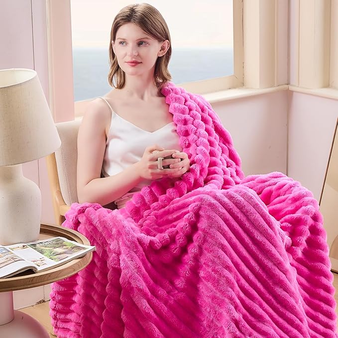 NEWCOSPLAY Super Soft Throw Blanket Hot Pink Premium Silky Flannel Fleece 3D Ribbed Jacquard Lightweight Bed Blanket All Season Use (Hot Pink Ribbed, Throw(50"x60"))
