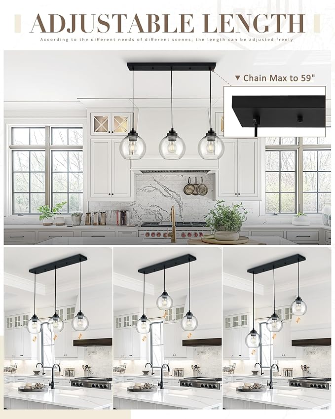Black Island Light, 3-Light Linear Chandelier with Clear Glass, Globe Pendant Light Fixture for Dining Room Kitchen Island Living Room Pool Table, ZCPL101BK-3S