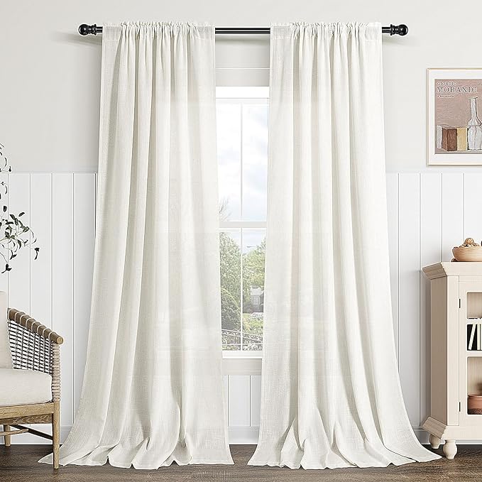 Guken Linen Curtains 84 Inches Long 2 Panel Set Rod Pocket Semi Sheer Dining Room Cozy Bedroom Decor Cotton Look Country Rustic Farmhouse Boho Curtains Beige White, 52x84