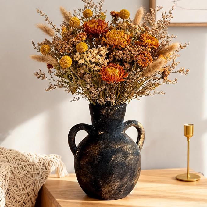 Rustic Ceramic Farmhouse Flower Vase with 2 Handles, Whitewashed Terra Cotta Vase, Decorative Pottery Flower for Home Decor, Table, Living Room, Shelf Decor, 7.3 Inch, Bronze