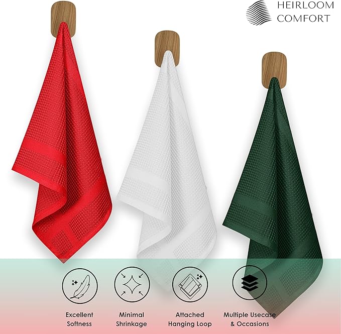 12 Pack Multi Color Waffle Weave Kitchen Towels, 16x26 Inch, 100% Cotton, Super Absorbent, Quick Dry, Hand Towels for Drying Dishes, Cleaning, Durable - Red, White, Forest Green