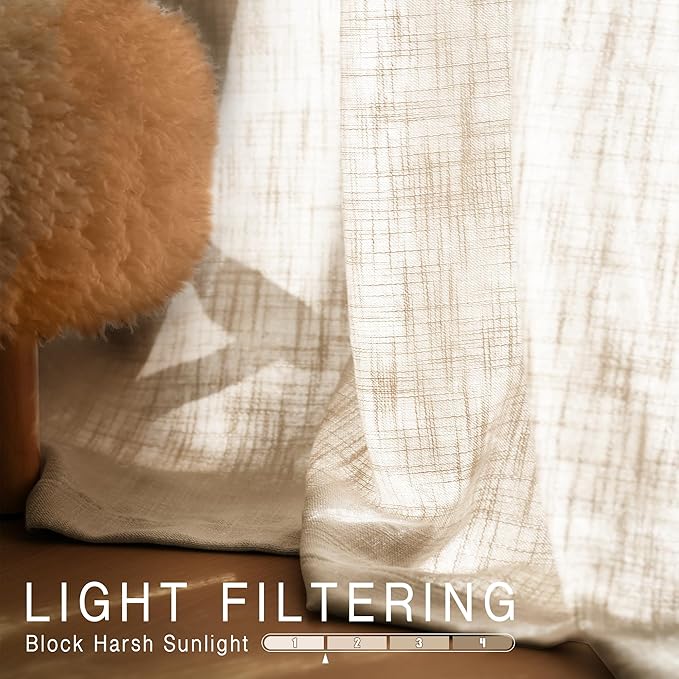 HESTIA Linen Curtains 54 inch Long 2 Panel Set Light Filtering Cream Curtain for Living Room Bedroom 52 inch Wide Blackout Drapes with Rod Pocket Back Tab Pin Hooks (54" Lx52 W)