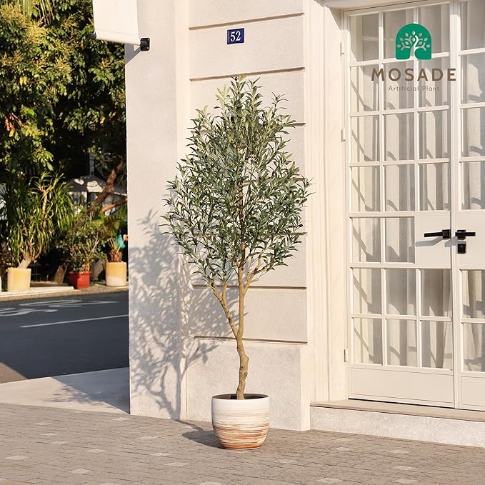 MOSADE Artificial Olive Tree 7 Feet Fake Olive Silk Plant and Handmade Seagrass Basket, Perfect Tall Faux Topiary Silk Tree for Indoor Entryway Modern Decor Home Office Porch Balcony Gift,1Pack