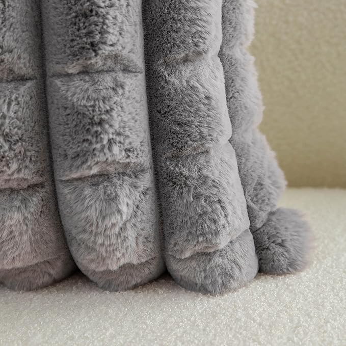 Neelvin Grey Faux Fur Cozy Soft Plaid Decorative Throw Pillow Covers 12x20 inch Set of 2,Velvet Pillowcase Cushion Case for Sofa Couch