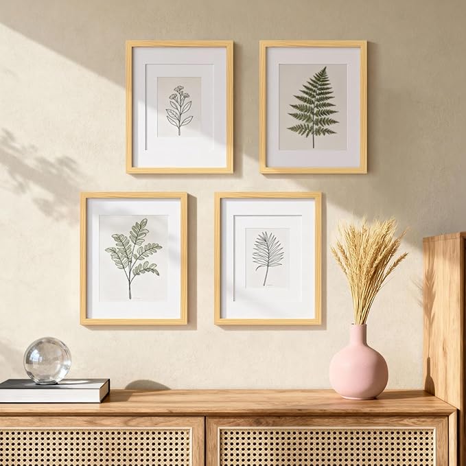 Egofine 11x14 Picture Frames Natural Wood Frames with Plexiglass, Display Pictures 5x7/8x10 with Mat or 11x14 Without Mat Set of 4 for Tabletop and Wall Mounting