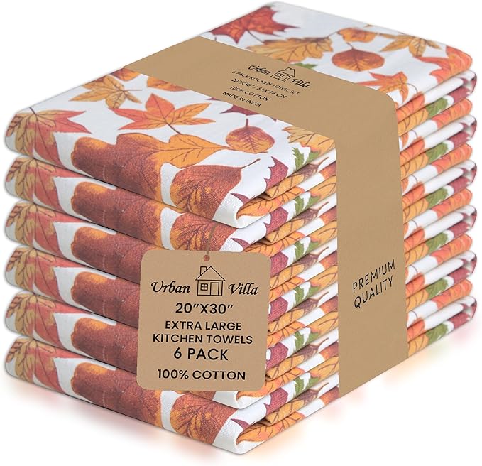 Urban Villa Fall Kitchen Towels Harvest Leaves Print Dish Towels Set of 6 20" X30” 100% Cotton Highly Absorbent Quick Drying Dish Cloths & Dish Towels Thanks Giving Tea Towels with Hanging Loop
