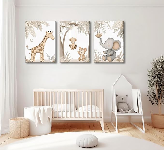 3Pcs Woodland Animal Nursery Canvas Wall Art Neutral Safari Animal Jungle Paintings Pictures Wall Decor Giraff Monkey Elephants Watercolor Poster Printing Artwork for kids room Home Decoration