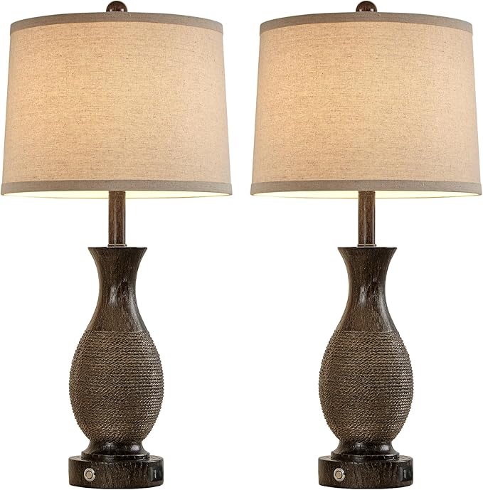 28" Rustic Farmhouse Lamps for Living Room Set of 2 Bedside Table Lamps for Bedroom Nightstand with USB A+C Charging Ports, 3-Way Dimmable Touch Lamp, Brown, Linen Lampshade, LED Bulbs Included