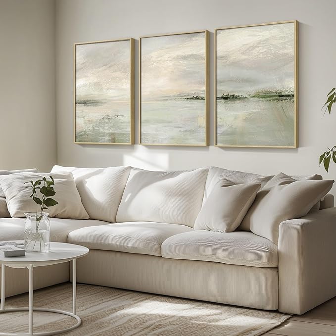 Framed Extra Large Green Abstract Wall Art for Living Room, 3 Piece Contemporary Landscape Canvas Artwork, Modern Minimalist Painting Prints for Dining Room Hallway Home Office Wall Decor, 24x36 Inch