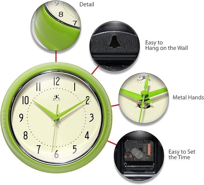 Infinity Instruments LTD. Retro 9 inch Silent Sweep Non-Ticking Mid Century Modern Kitchen Diner Wall Clock Quartz Movement Retro Wall Clock Decorative (Apple Green)…