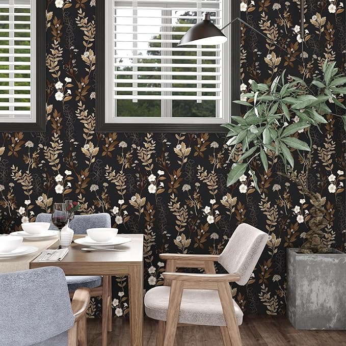 Black Floral Wallpaper Peel and Stick Gold Leaf Contact Paper Leaf Wallpaper Waterproof Self-Adhesive Wall Covering for Bedroom Countertop Desk Cabinets Decor 17.4" x 78"