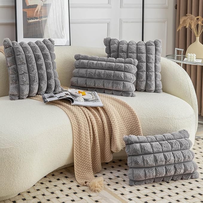 Neelvin Grey Faux Fur Cozy Soft Plaid Decorative Throw Pillow Covers 12x20 inch Set of 2,Velvet Pillowcase Cushion Case for Sofa Couch