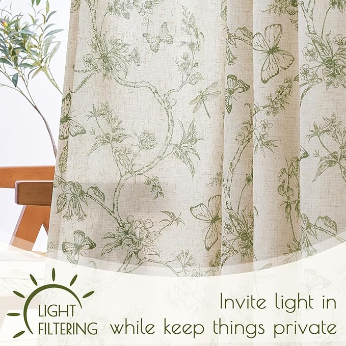 Lazzzy Green Floral Lined Linen Farmhouse Curtains 84 Inch Long Back Tab Drapes for Living Room Bedroom Light Filtering Vintage Rod Pocket, 2 Panels, Green on Beige