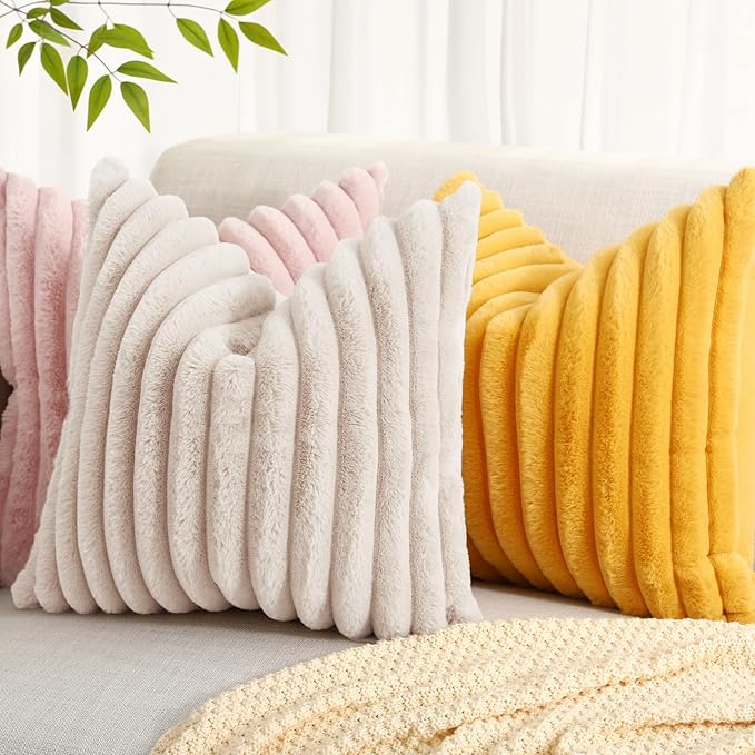 decorUhome Faux Fur Throw Pillow Covers 16x16 Set of 2, Decorative Soft Plush Striped Neutral Couch Euro Pillow Covers with Velvet Back for Sofa, Bed, Living Room Home Decor, Beige