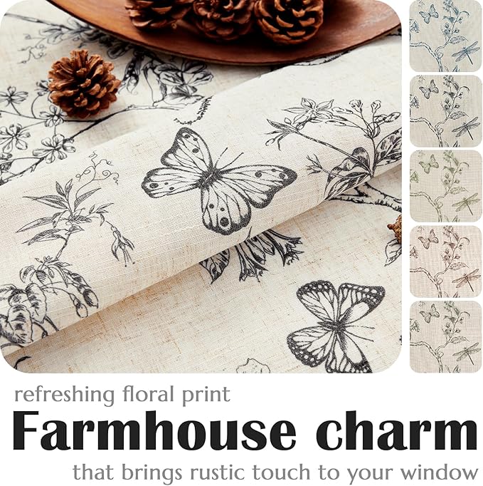 Lazzzy Lined Linen Farmhouse Black Floral Curtains 63 Inch Length Back Tab Drapes for Living Room Bedroom Light Filtering Country Vintage Rod Pocket, 2 Panels, Black on Beige