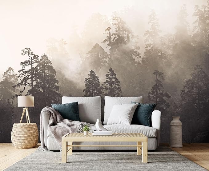 Foggy Forest Woodland Mural Wallpaper for Bedroom Living Room Misty Jungle Rainforest Trees Nature Landscape Wall Mural(Not Peel n' Stick)