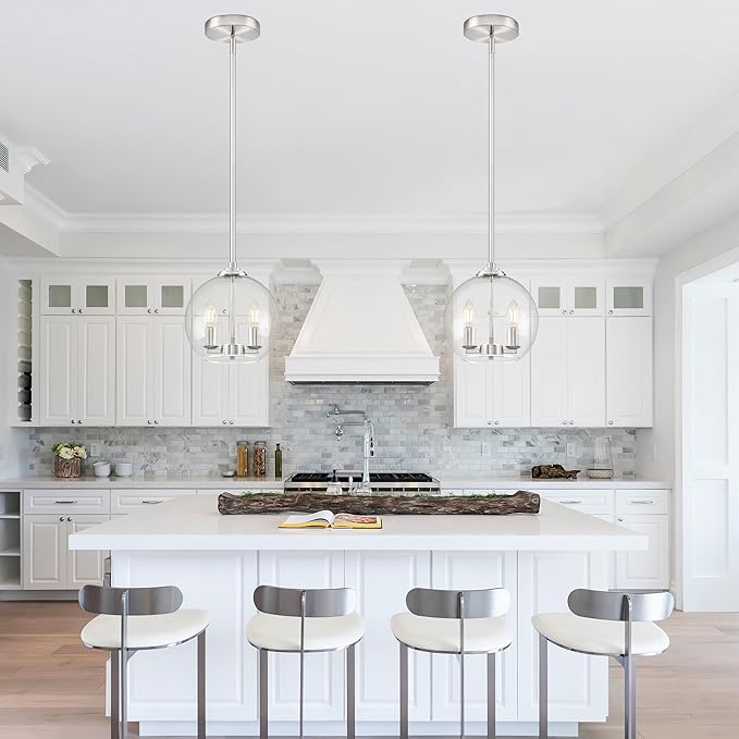 10" Globe Pendant Lights Kitchen Island Glass Globe Pendant Light Fixture Bedroom Mid Century Modern Pendant Lighting Nickel Pendant Light for Kitchen Island Dinning Room (Bulb Incl.)