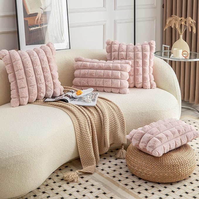 Neelvin Pink Faux Fur Cozy Soft Plaid Decorative Throw Pillow Covers 16x16 inch Set of 2,Velvet Pillowcase Cushion Case for Sofa Couch