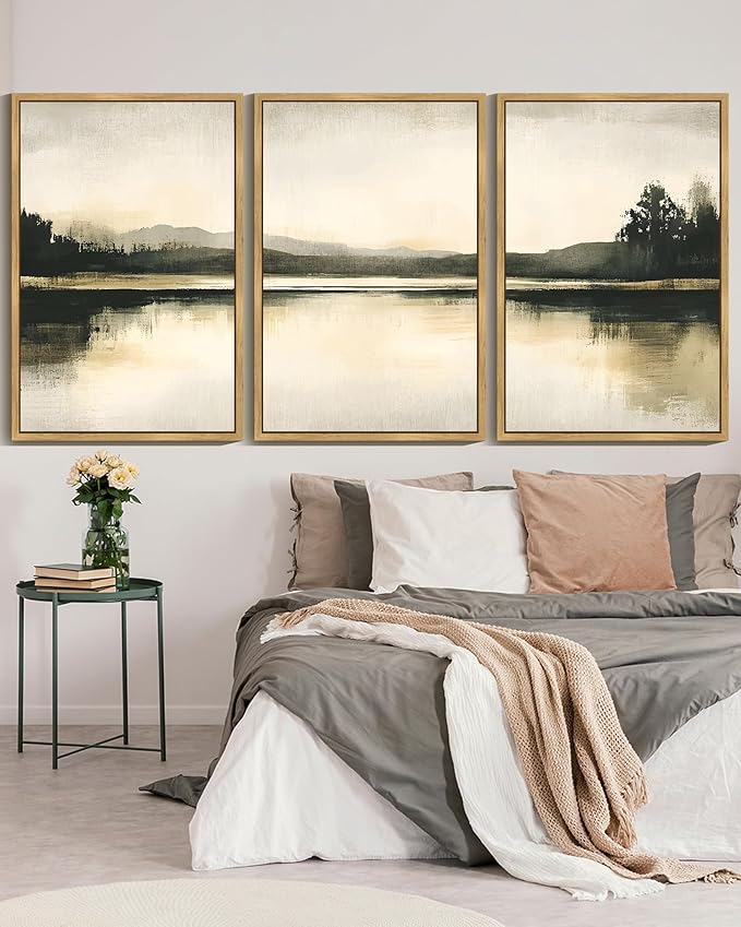 KUVIOKE Watercolor Abstract Mountain Lake Framed Wall Art Brown Landscape Nature Wilderness Painting Nordic Neutral Tan Illustration Decorative Home Decor 24x36in (Natural Framed)