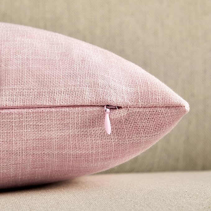 2 Packs Grid Embroidery Throw Pillow Covers, 22x22 Inch Pink, Farmhouse Linen Decorative Pink Cushion Covers for Sofa Bed Living Room Home Decor
