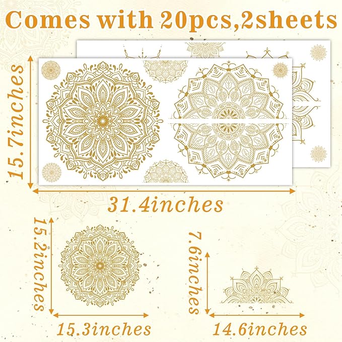 Large Mandala Wall Sticker Peel and Stick Boho Lotus Flower Wall Stickers Decor Mandala Floral Window Decals Clings Headboard Gold Mandala Wall Art Decal for Bedroom Living Room Yoga Decoration