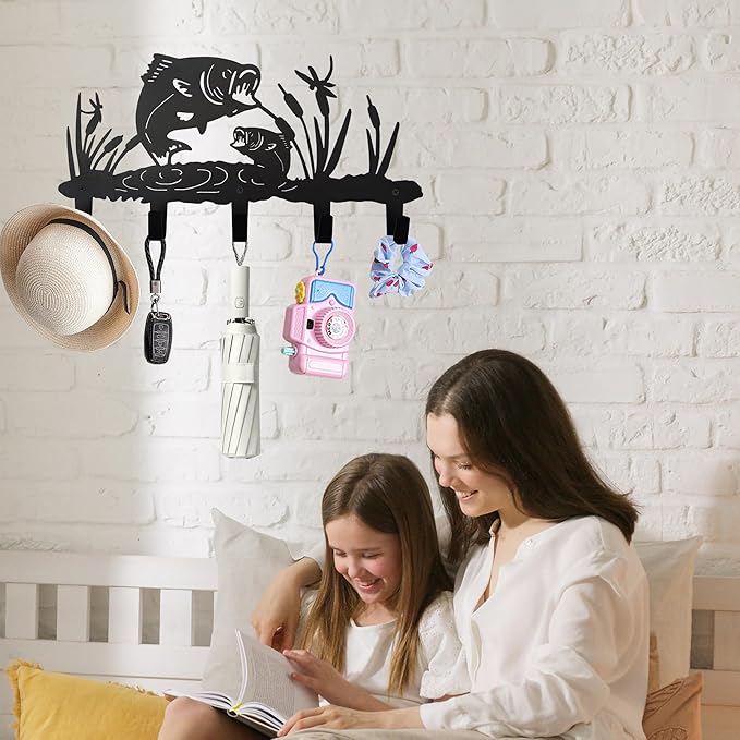 Metal Fish Coat Hooks Wall Art Decor-Fish Hangers and Key Holder-Clothes Rack and Backpack Hanger-Animal Theme Hooks Sweet Home Decor for Storage, Living Room, Hallway, Office (Black)