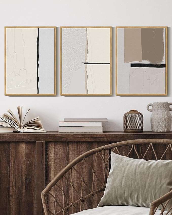 KUVIOKE Neutral Abstract Framed Wall Art Beige Mid Century Textured Wall Decor Minimalist Modern Illustrations Art Print Home Decor 12x16in (Natural Framed)