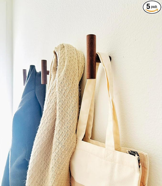 Wooden Coat Hooks, Decorative Wall Hooks for Bags, Hats, Coats, Purse, Heavy Duty, Sturdy, Natural Walnut, Easy to Install, Holds Up to 7lbs - Pack of 5