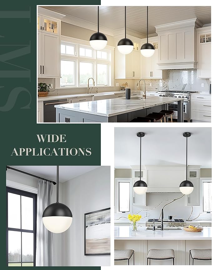 LMS 2 Pack Mid Century Pendant Lights, Matte Black Kitchen Island Light Fixtures with White Globe Glass Shade, Adjustable Hanging Rod Ceiling Light for Home Office Dining Room Bathroom, LMS-186BK2PK