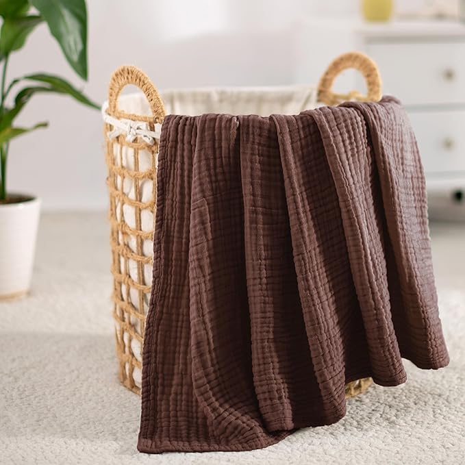 Carriediosa 100% Cotton Muslin Throw Blanket 66" X 90" Twin XL Size，4-Layers Summer Gauze Throws for Bed Couch，Soft Lightweight Breathable Linen Blankets Bedspread for Adults All Season，Dark Brown