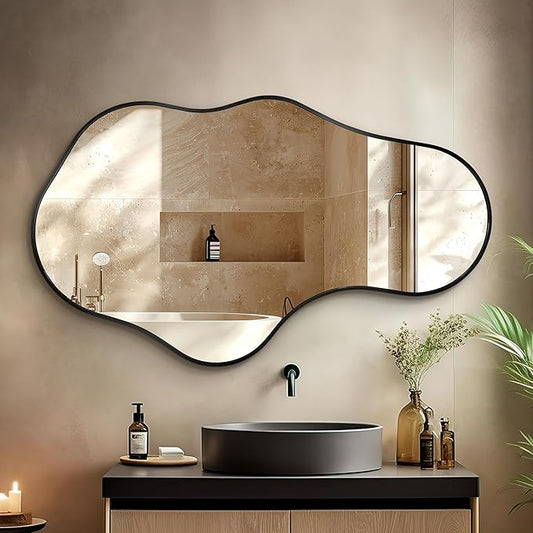 Irregular Wall Mirror - Wall Mirrors Decorative 24"x 40" Asymmetrical Abstract Mirror Aviation Aluminum Alloy Frame Unique for Bathroom, Bedroom, Living Room, Cloakroom, Entryway Black