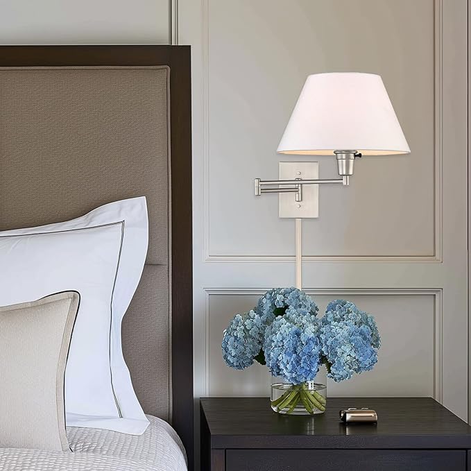 Kira Home Cambridge 15" Swing Arm Wall Lamp - Plug in/Wall Mount + White Fabric Shade, 150W 3-Way + Cord Covers, Satin Nickel Finish, 2-Pack